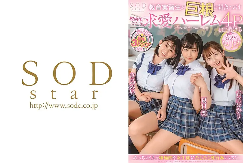 教育実習生が巨根と聞きつけ校内中どこでも求愛ハーレム4Pを仕掛ける学園一美少女トリオ 青空ひかり 夏目響 宮島めい